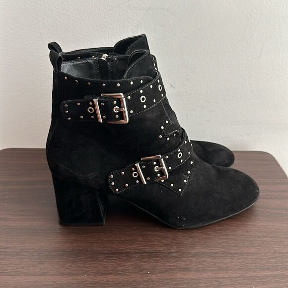 Rebecca Minkoff Logan Studded Blk Suede Block Heel Bootie Size 11 - Picture 2 of 8